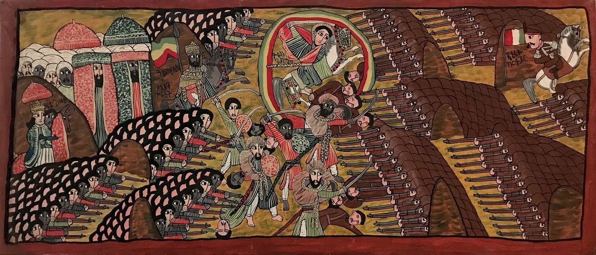 A traditional Ethiopian painting of the battle of Adwa, Emperor Menelik’s army charging under the flag